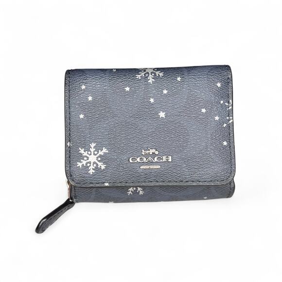 Coach Small Trifold Wallet Navy Snowflake Holiday Limited Edition Gift - Picture 1 of 12